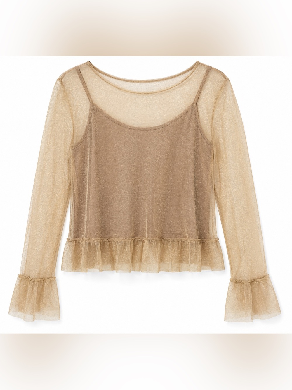 Mango Suit Gold Sheer Mesh Ruffle Going Out Holiday Top S NWT